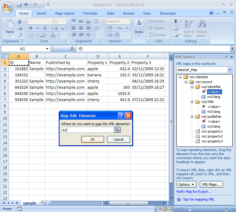A screenshot of Microsoft Excel 2007 showing XML mapping.