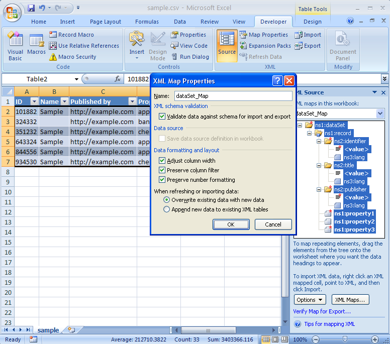 A screenshot of Microsoft Excel 2007 showing options from the Developer XML panel.